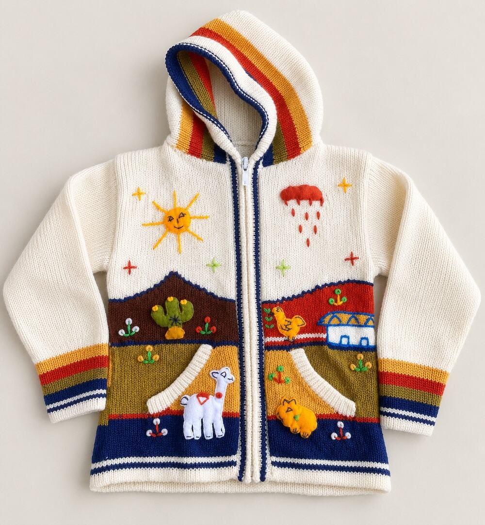 Hand Knit Alpaca Kids Hooded Zip Sweater Folk Art Animals Approx 7/8